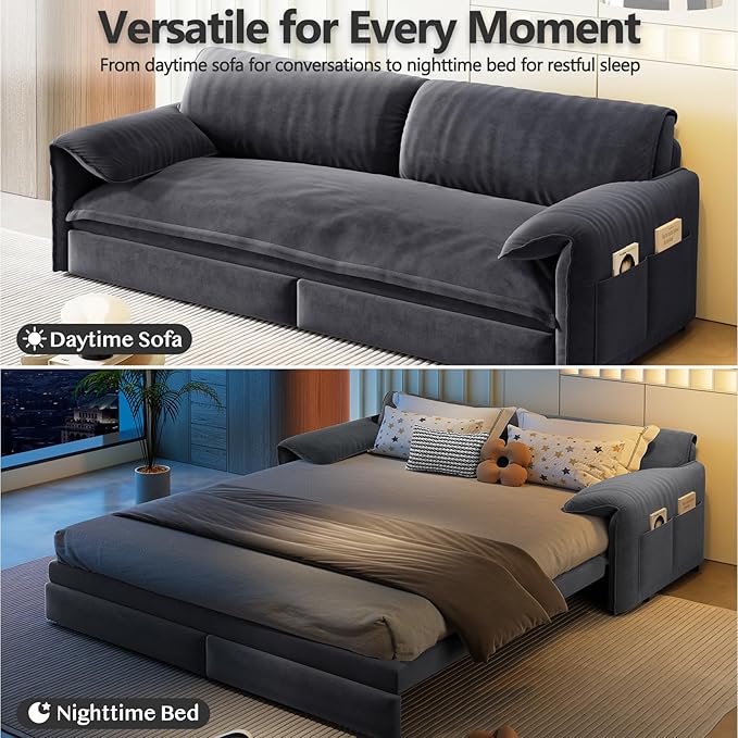 66 Futon Sofa Bed Queen Size Pull Out Bed 3-in-1 Convertible Sleeper Sofa with Side Pocket Modern Velvet Futon Couch for Living Room Small Space Apartment Bedroom Grey