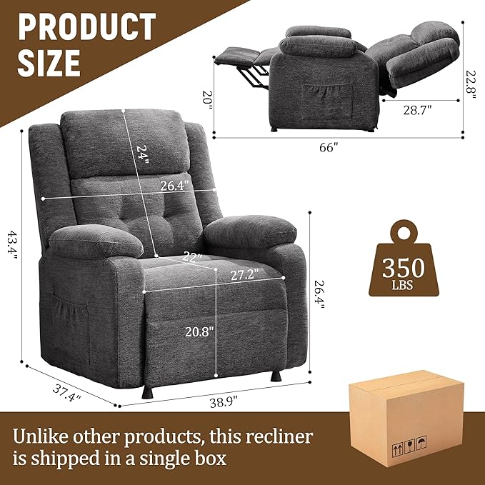 Power Recliner Chair Living Room Chairs for Adults Oversized Electric Recliner with Side Pockets Chenille Fabric Reclining Chair for Living Room Bedroom