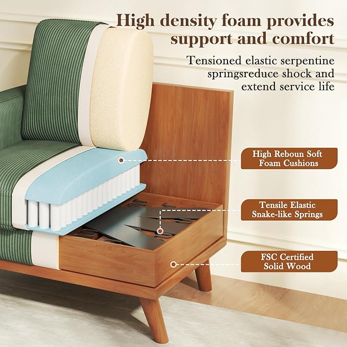 38.5 Green Corduroy Accent Chair Comfy Deep Seat Armchair with Spring Cushion Modern Reading Sofa for Living Room Bedroom