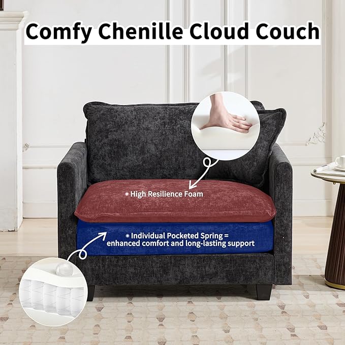 111.5 L Shaped Couch Modular Sectional Sofa Comfy Chenille Cloud Couch with Movable Ottoman and Pillow Modern 3-Seater Deep Seat Sofa for Living Room (BlackL Shaped Sofa)