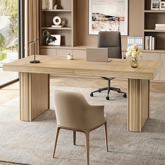 Tribesigns 63 Executive Desk Modern Executive Office Desk with Thickened Desktop and Heavy-Duty Legs Wood Writing Workstation Study Table Conference Table for Office Natural
