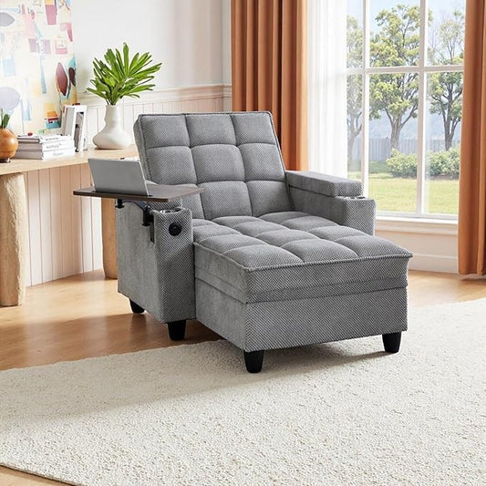 Single Modern Comfy Upholstered Chaise Lounge Sofa Chair with Rotating Side TableStoragePillowUSB Charging Ports and Adjustable Backrest Perfect for Living Room Small Spaces (Light Gray)