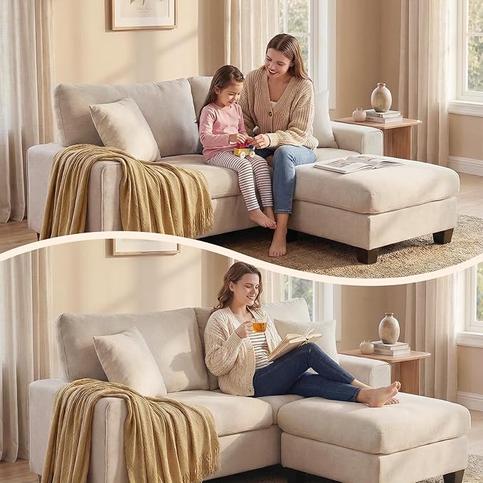DOPEDIO L-Shaped Sectional Sofa with Storage Ottoman Modern Chenille Recliner Loveseat Removable Couch Covers Pocket Spring Cushions Solid Wood Frame Easy to Install (71.25inch Beige)