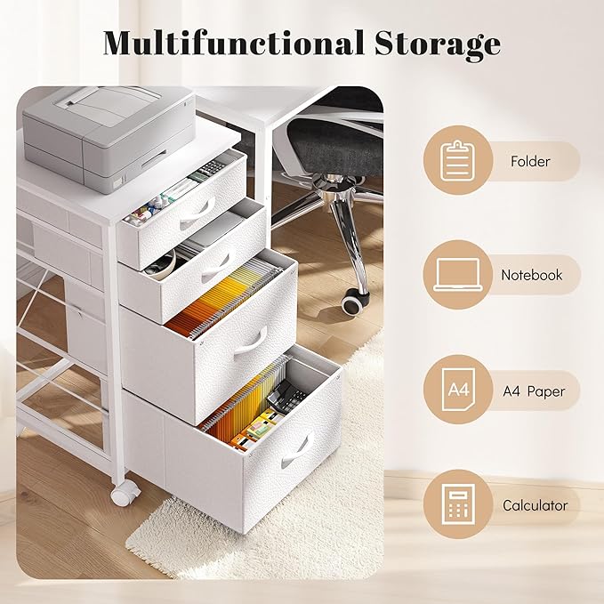 4 Drawers Mobile File Cabinet Vertical Filing Cabinet with Fabric Drawer Fits A4/Letter Size Printer Stand for Home OfficeWhite