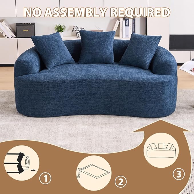 65 Curved Loveseat for Small SpacesBoneless Loveseat SofaWood Grain Chenille Fabric No Installation Requirement Curved Sofa Couch for ApartmentLiving RoomOffice (Blue 65)