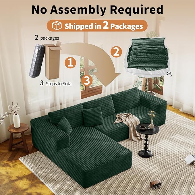 107 Modular Sectional Couches for Living Room Comfy L-Shaped Boneless Cloud Couch with Chaise Modern Deep Seat Corduroy Floor Sofa No Assembly Required (Left Facing Chaise Green) | High-density s