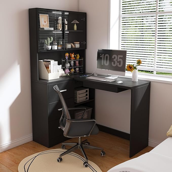 ZeHuoGe Computer Desk with Glass Cabinets &amp Built-in LED Lights Corner L-Shaped Office Desk with USB Charging Ports &amp Keyboard Tray for Home and Corporate Workspaces (Black)