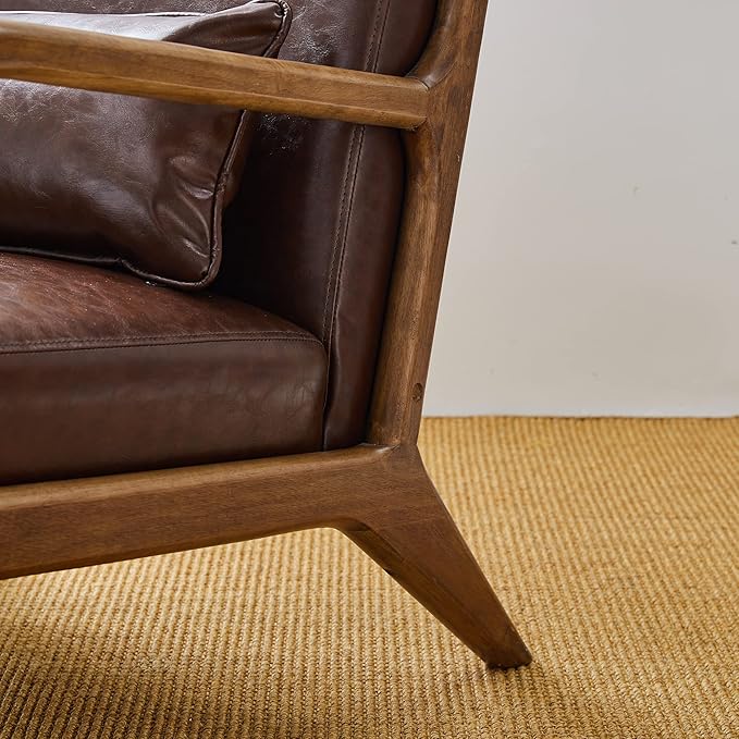 Glitzhome 2 Set Mid Century Coffee Accent Armchair Single Reading Armchair PU Leather Lounge Chair with Walnut Ruberwood Frame