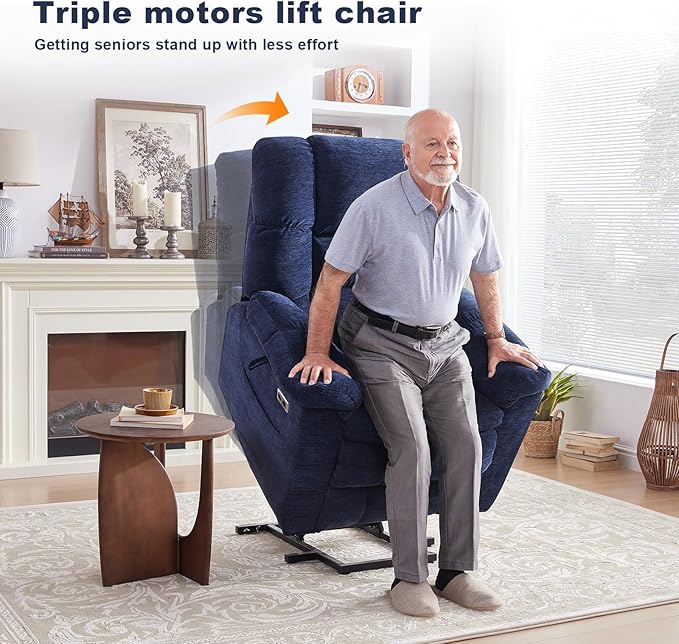 Triple Motor Power Lift Recliner Chair with Massage and Dual Heat for Elderly People Zero Gravity Lay Flat Recliner Infinite Position USB Ports（Navy Blue）