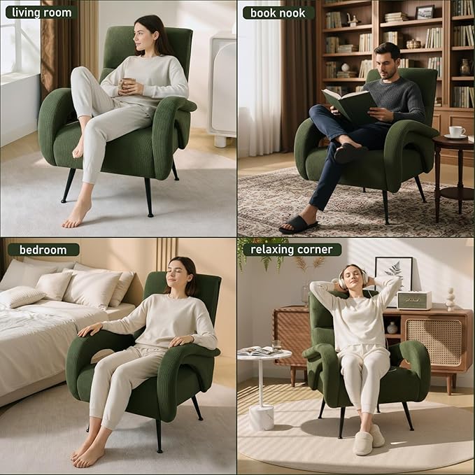 Corduroy Accent Chairs for Living Room Tufted High Back Reading Chairs for Bedroom Mid-Modern Comfy Upholstered Armchairs for Bedroom Reading Nook Apartment Forest Green