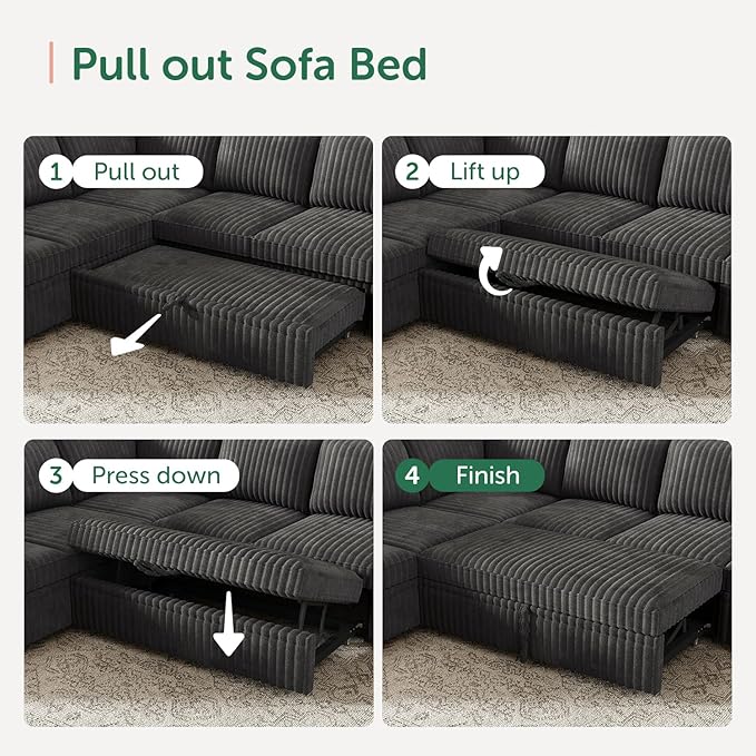 HONBAY Modular Sectional Sleeper Sofa with Pull Out BedCorduroy L Shaped Couch with Storage Sectional Couches for Living RoomDark Grey