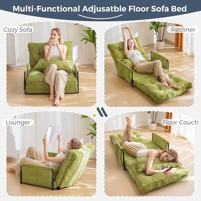 MAXYOYO Adjustable Floor Sofa Couch with Pillow Multi-Functional Bean Bag Bed 5-Position Foldable Lazy Sofa Sleeper Bed with Armrest Versatile Floor Seating for Reading Gaming Green Single