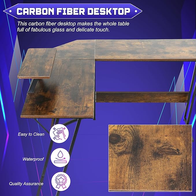NChanmar L Shaped Gaming Desk with Monitor Riser Stand Home Office Corner Desk for Studying Working and Gaming Large Desktop Brown