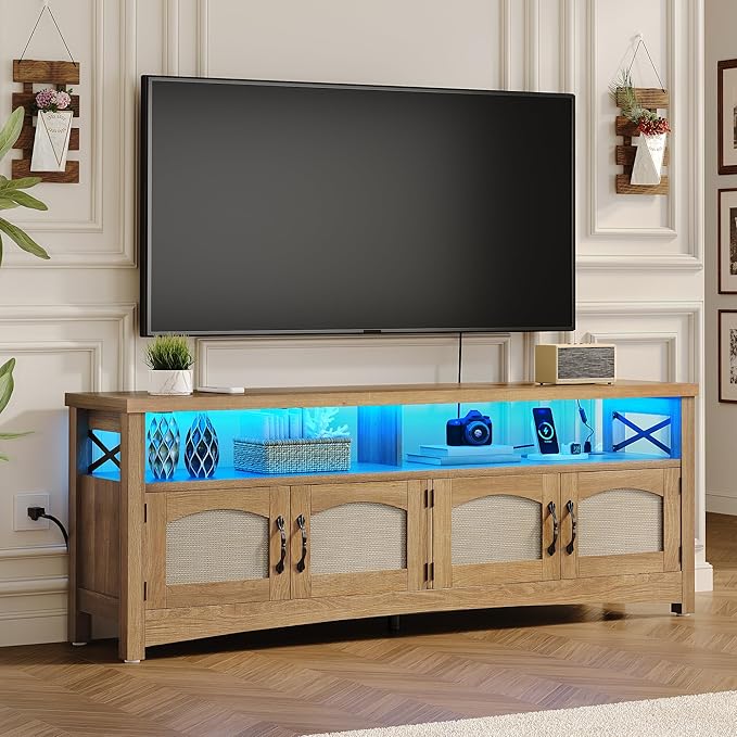 DWVO Farmhouse TV Stand for 65 inch TVs LED Entertainment Center with Storage TV Console with Power Outlets Wooden Bar Coffee TV Table with Shelves for Living Room (Oak)