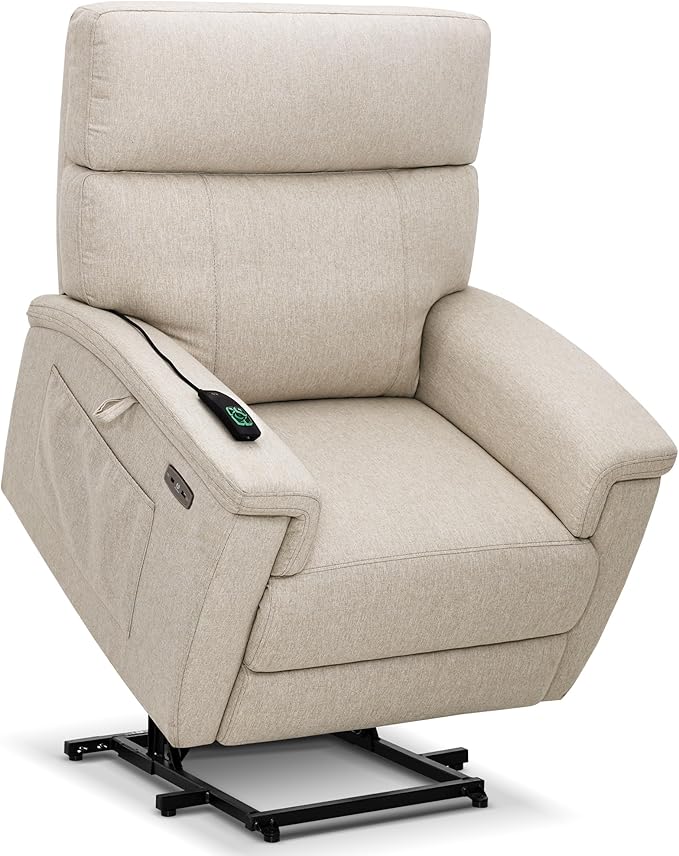 MCombo Power Lift Recliner Chair with Massage and Dual Heating Adjustable Headrest Extended Footrest for Elderly People Fabric R7605 (Beige)