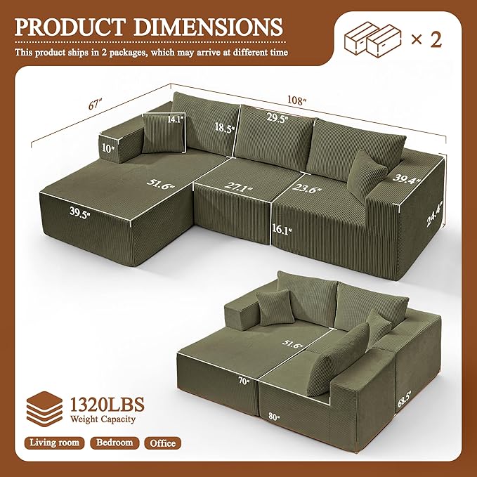 Modular Sectional Sofa for Living Room 108 Cloud Couch Sectional with L-Shape Chaise Modern Upholstered Corduroy Boneless Couch with Memory Foam Deep Seat No Assembly Required (Green)