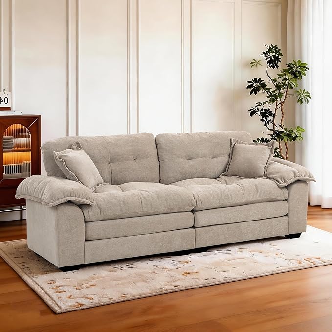 Modern 84 Chenille Loveseat Sofa Ultra-Comfy Upholstered Couch with 2 Pillows for Apartment Living Room Bedroom or Home Office (Oatmeal)