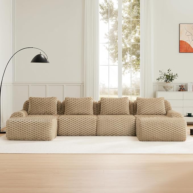 146 Boneless Couches for Living Room Oversized U-Shaped Couch with Buckle Connection Anti-slip Design Flannelette Fabric Modular Sectional Sofa with Deep Seat (Light Camel 4 Seat + 2 Ottoman)