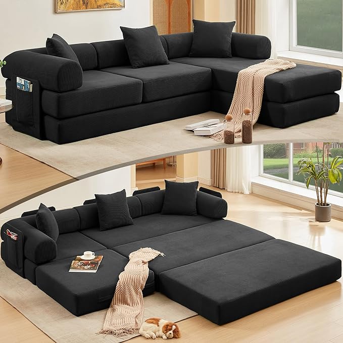 L Shaped Convertible Modular Sofa Bed with Cylindrical Pillow &amp Reversible Chaise Corduroy Folding Floor Sofa Couch Bed with Fixed-Shape Frame &amp Storage Pocket for Living Room Black