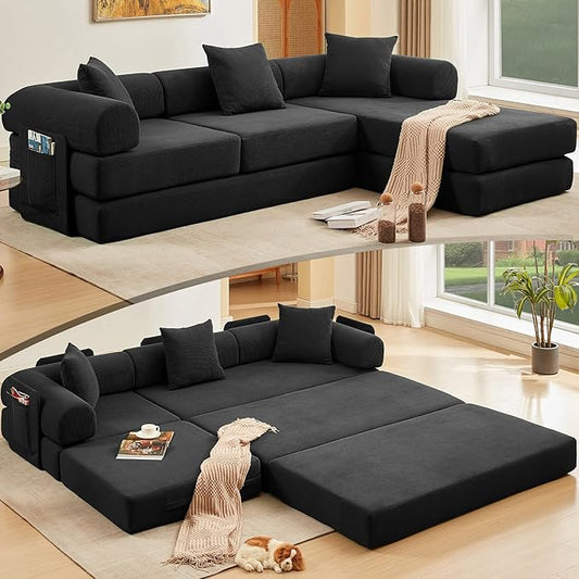 L Shaped Convertible Modular Sofa Bed with Cylindrical Pillow &amp Reversible Chaise Corduroy Folding Floor Sofa Couch Bed with Fixed-Shape Frame &amp Storage Pocket for Living Room Black