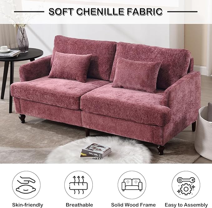 68'' Sofas Couch for Living Room Mid Century Modern Sofa with Deep Seats Chenille Loveseat Cloud Couch Comfy Small Couches for Small Spaces Apartment Bedroom Wine Red