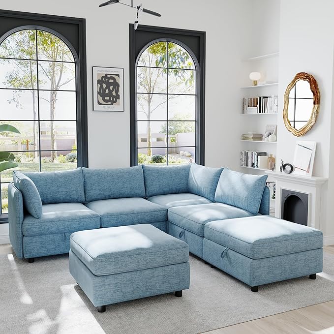 129” Modular Sectional Sofa Convertible 6 Person U Shaped Couch with Storage 2 Removable Ottomans &amp Deep Seats Memory Foam Comfy Modular Couch for Living Room (Antique Blue 6 Seat)