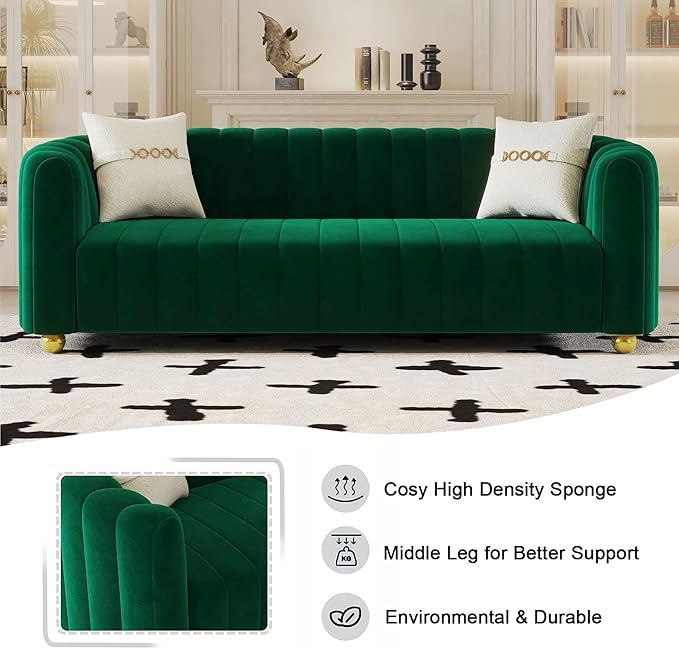 Mid-Century Modern Sofa for Living Room 84 Green Luxury Velvet Loveseat Sofa Couch Sectional Love Seat Sofa Couch with Gold Legs Upholstered Sofa for Apartment Bedroom Home Office