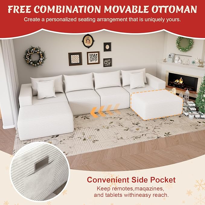 Modular Cloud Couch Sectional Deep Seat No-Bone Corduroy Sofa with Ottoman Oversized Comfy Modular Sofa for Living Room Bedroom Apartment No Assembly Flexible Layout (White Ottoman)