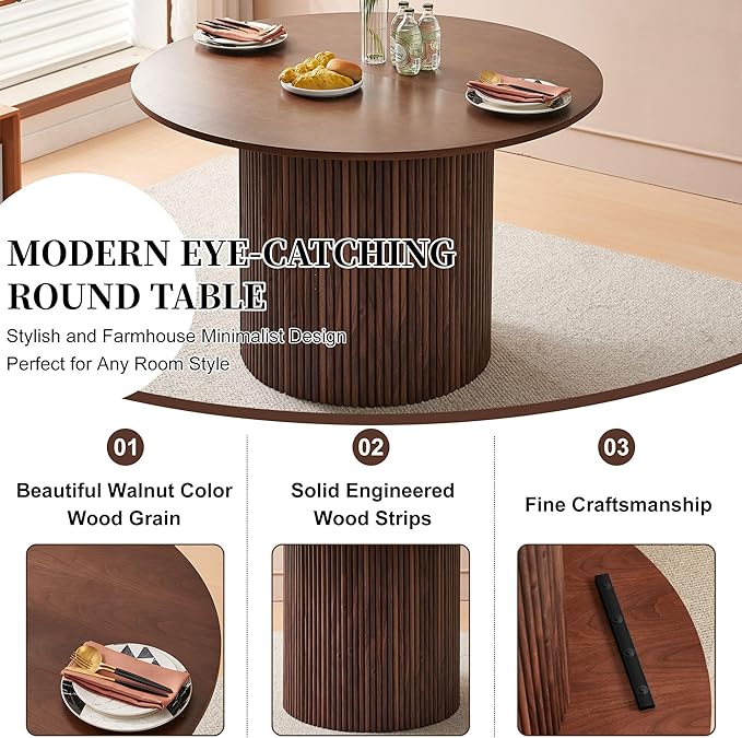 Kitchen&ampDining Room Table Set for 4 Walnut Wooden Dining Table Round and Upholstered Kitchen Side Living Room Chairs Set Rustic Dining Set with Grey Velvet Chairs for Apartment Dining Hall
