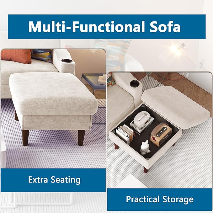 Dolonm L-Shape Modern Sofa Sectional Couch with Built-in USB Port and Convenient Cup Holder 3-Seater Sofa with Storage Ottoman Couch for Living Room Office Apartment Beige