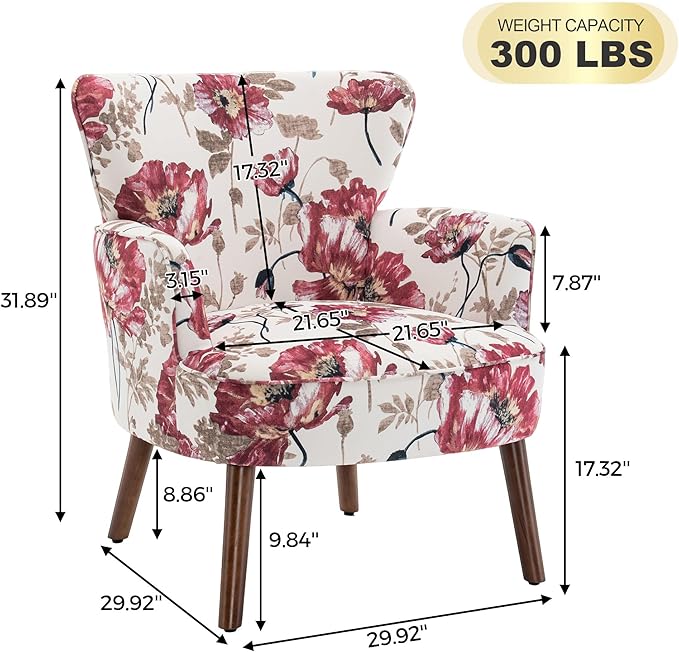 Floral Accent Chair Set of 2 Upholstered Living Room Chairs with Solid Wood Legs Mid Century Modern Velvet High Back Armchair for Bedroom Living Room Pink