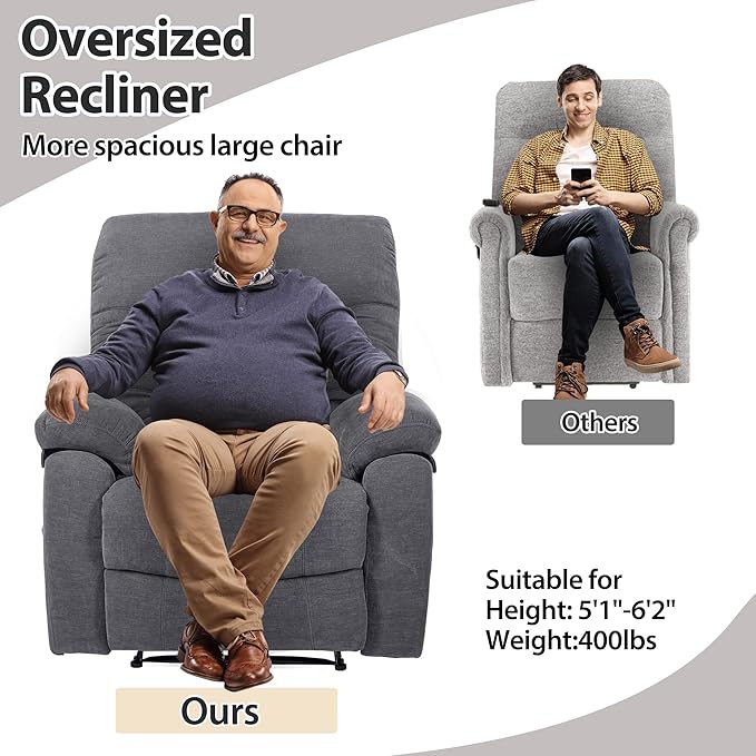 Manual Oversized Recliner Overstuffed Chairs Large Recliner High Weight Capacity Big and Tall Man Recliner for Heavy Duty 400lbs Adults for Living Room Bedroom Nursery RV Grey