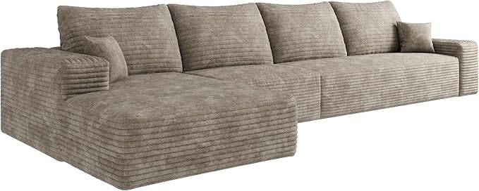 135 Corduroy Boneless Sectional Couch with Chaise No Assembly Required L Shaped Modular Sectional Sofa Boneless Couches for Living Room (Camel 4 Seater+Left Facing Chaise) | Compression Fluffy