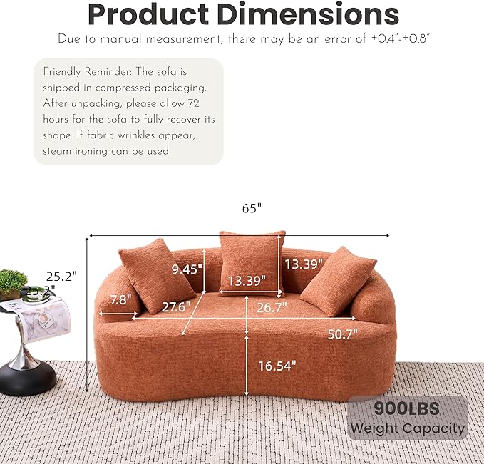65 Curved LoveseatDeep Seat Cloud Floor Couch with 3 BackrestCozy Chenille FabricSmall Loveseat for Small SpacesBedroomOfficeApartment (Coral 65 Inch)