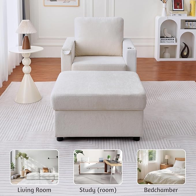 34.25 Accent Chairs with Storage Ottoman Set Upholstered Living Room Chairs for Reading Chair with Chaise Lounge Chairs Indoor Comfortable Armchair for Bedroom (Beige 34.25)