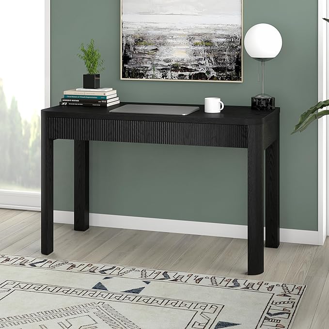 Henn&ampHart 48 Fluted Modern Rectangular Wooden Home Office Desk Computer Desk Writing Table with 2 Ribbed Storage Drawers for Bedroom Living Room or Home Office Natural Black