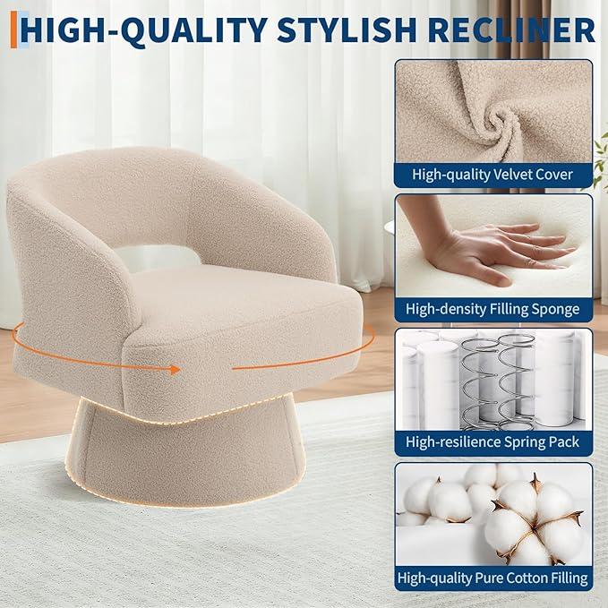 Swivel Barrel Chair - Velvet Upholstered Modern Armchair with Striped Backrest &amp Plush Padding Round Lounge Chair for Living Room Bedroom (Camel-Openwork-(1 Pcs))