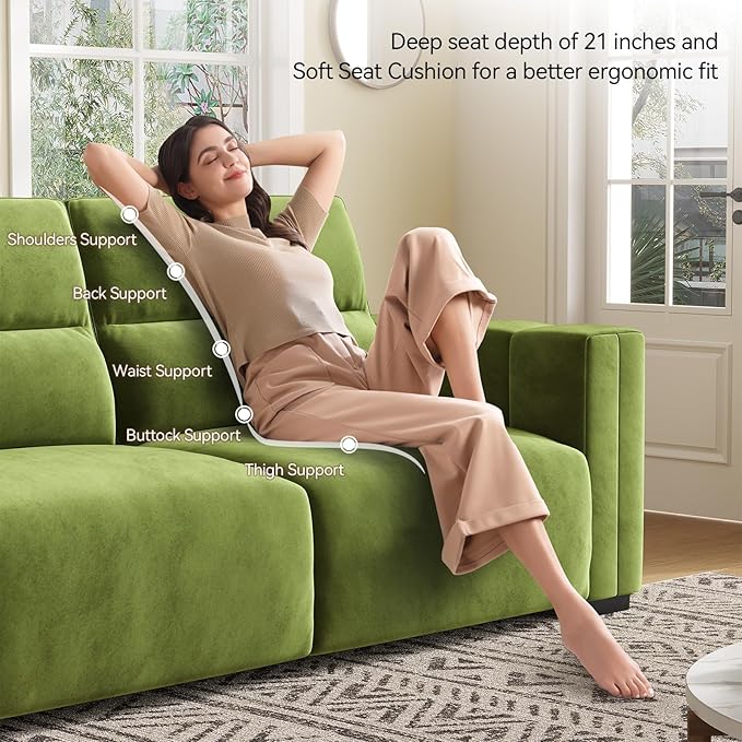 82 Inch Sofa with Extra Deep Seats Oversize Velvet Fabric 2 Seater Sofa for Living RoomModern Couch and Loveseat Comfy Armrests and Seats and Backrests Easy Installation Green