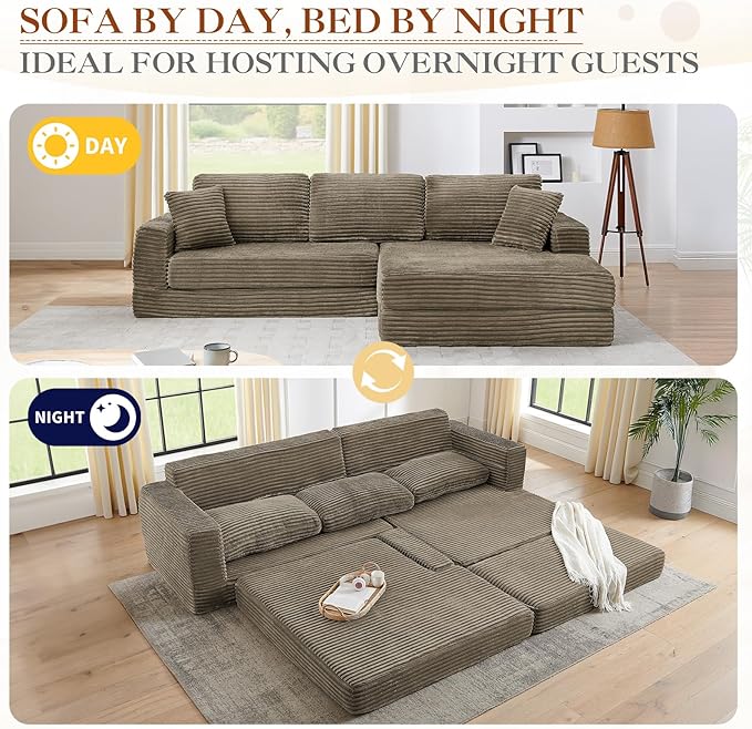 112.6 Oversized Fold Out Couch Bed King 3 in 1 Convertible Modern L Shape Cloud Modular Sectional Comfy Boneless Foam Couch Futon for Living Room No Assembly(Brown CorduroyRight Facing Chaise)