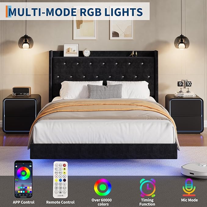 IDEALHOUSE Full Size Bed Frame with LED Lights Floating Platform Bed with Velvet Upholstered Storage Headboard No Box Spring Needed Noise Free Easy Assembly