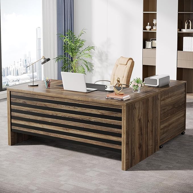 Tribesigns 62.2 Executive Desk with Mobile File Cabinet L-Shaped Office Desk with Storage Shelves Large Computer Desk Business Workstation Set for Home Office Light Brown