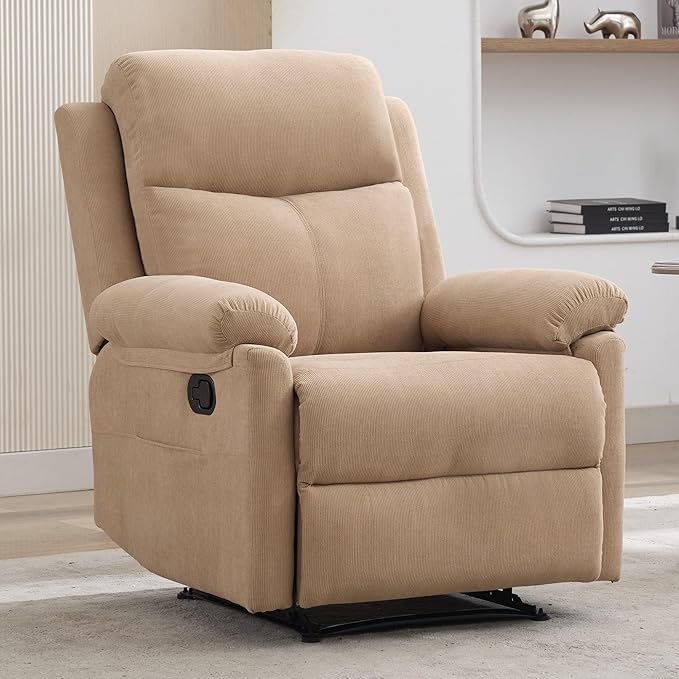 Recliner Chairs Small Recliners for Small Spaces Manual Recliner for Adults with Side Pockets Adjustable Overstuffed Comfy Corduroy Reclining Chair for Living Room Bedroom Reading Khaki