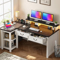 EnHomee 55 L Shaped Farmhouse Computer Desk with Drawers Office Desk with Long Monitor Stand &amp Storage Shelves for Bedroom Desk for Home Office Desks with Power Outlets &amp LED Lights Study