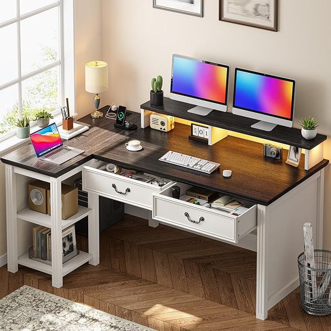 EnHomee 55 L Shaped Farmhouse Computer Desk with Drawers Office Desk with Long Monitor Stand &amp Storage Shelves for Bedroom Desk for Home Office Desks with Power Outlets &amp LED Lights Study