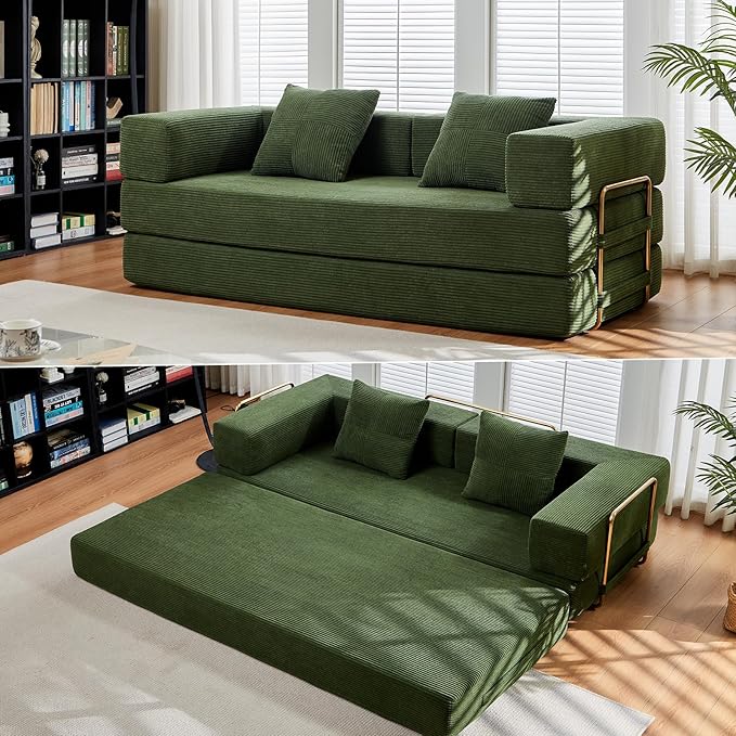 79 Boneless Sofa Bed 5-in-1 No-Assembly Convertible Sleeper Couch with Fixed Frame Armrests Modular Corduroy Futon Compressed in a Box for Space Saving (Green Includes 2 Pillows)