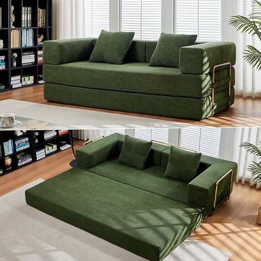 79 Boneless Sofa Bed 5-in-1 No-Assembly Convertible Sleeper Couch with Fixed Frame Armrests Modular Corduroy Futon Compressed in a Box for Space Saving (Green Includes 2 Pillows)