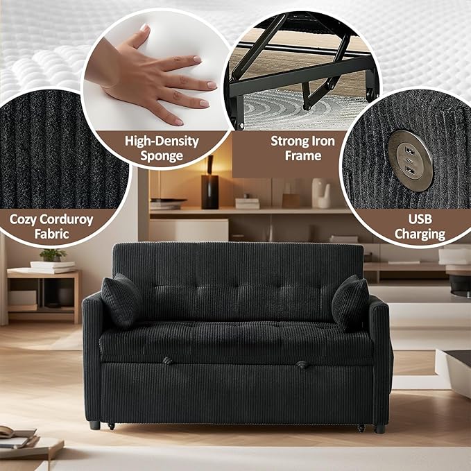 Sofa Bed Loveseat 3-in-1 Sleeper Sofa with Pull Out Bed Pockets and USB Modern 2 Seater Convertible Small Couch for Living Room Bedroom Apartment (Black Corduroy)