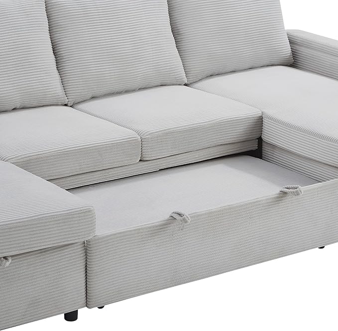 109.5 Sectional Sofa Convertible Pull-Out Sofa Bed with 2 Storage Chaise Lounges and Cup Holders Chenille Fabric U-Shaped Couch with Storage Boxes &amp USB Ports for Living Room (Grey-9.19)