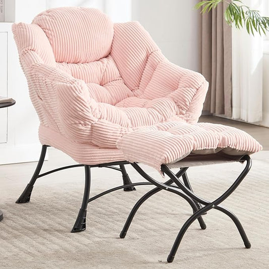 Lazy Chair with Ottoman &amp Storage Pocket Reading Chair for Bedroom Living Room Small Space Comfy Lounge Chairs Steel Frame Oversized Ergonomic Corduroy (Pink)