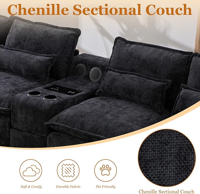 126 Modular Sectional Sofa with Storage Console Cloud Couch Chenille U-Shaped Sofa Cup Holders &amp Wireless Charger Memory Foam Double Chaise for Living Room Office Black